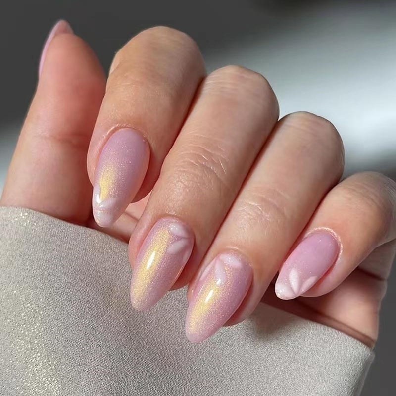 CTTHNBD Short Press Almond Pink False Nails with Cute Flower Design - Glitter Acrylic Glossy Full Cover Glue on Shiny Artificial Nails for Women's Manicure - 30Pcs - Image 1